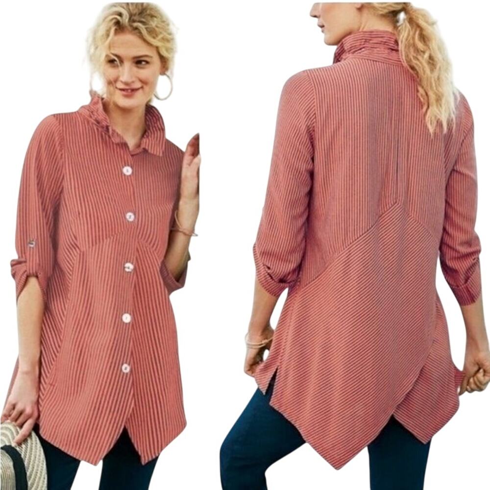 Soft Surroundings Sasha Striped Asymmetric Button Front Tunic Top S Lagenlook